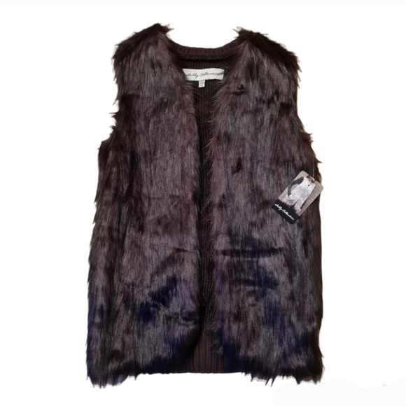 Boutique Debby Collection Faux Fur Open Front Vest Brown Burgundy Size S NWT - Picture 1 of 11